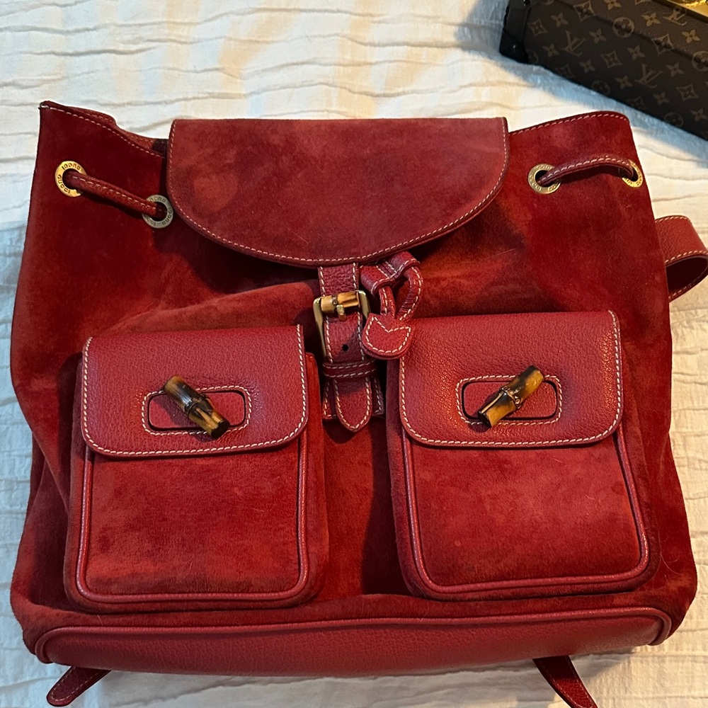 Vintage Gucci Red Suede Backpack with Front Pockets